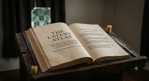 Open book titled The Latent Atlas resting on a dark plinth