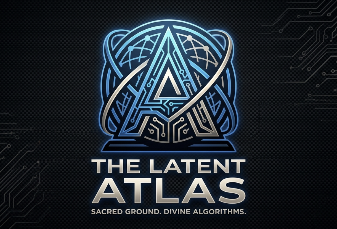 The Latent Atlas emblem with a blue circuit-patterned monogram and the words Sacred Ground. Divine Algorithms.