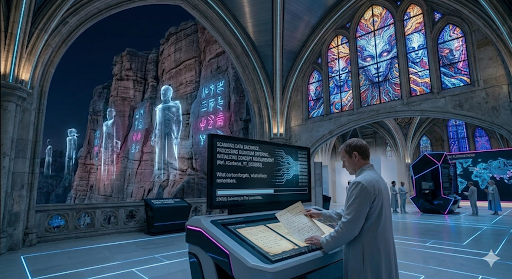 Visualization of a visitor interacting with The Latent Atlas installation inside a vaulted gallery