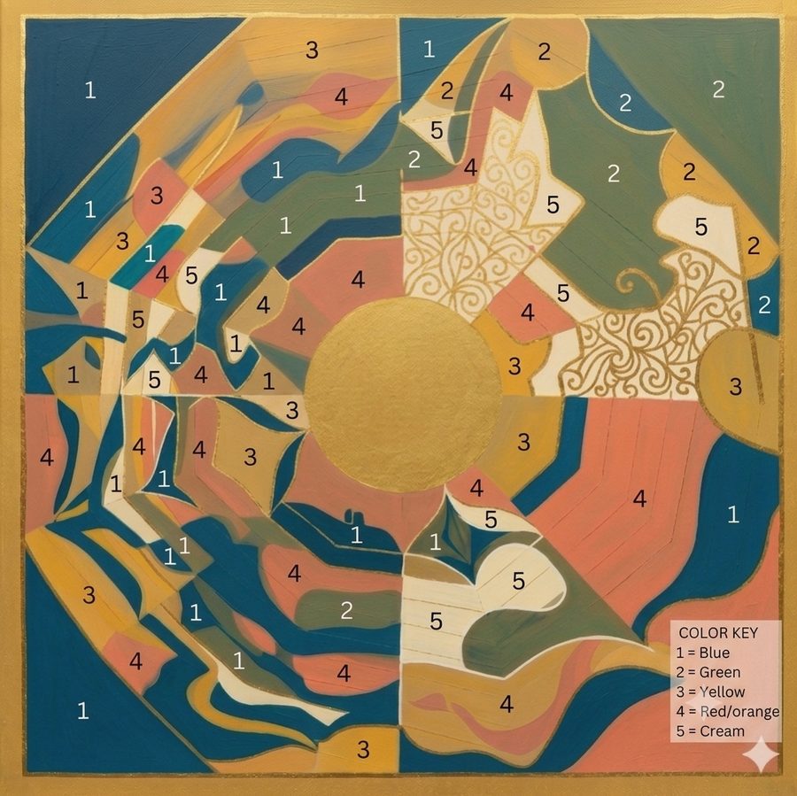 Wayfinding mural design for Little Italy — sacred-geometry composition with a numbered color key, gold circle at center